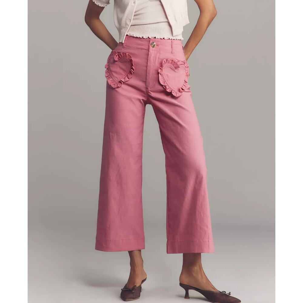 Maeve Colette Pink Heart Pocket Crop Ankle High Waisted Wide-Leg Pants Size 29P - Picture 12 of 12